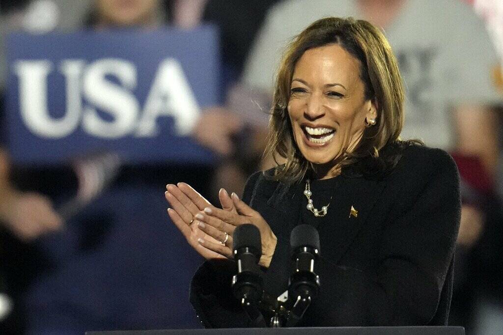 Democratic presidential nominee Vice President Kamala Harris addresses a campaign rally in Pitt ...