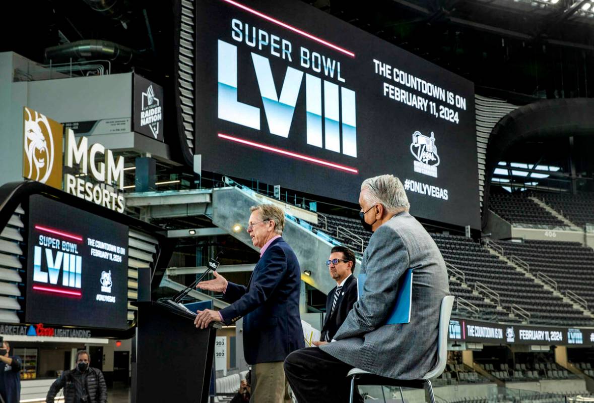 (From left) Maury Gallagher speaks while joined by Jeremy Aguero and Gov. Steve Sisolak during ...