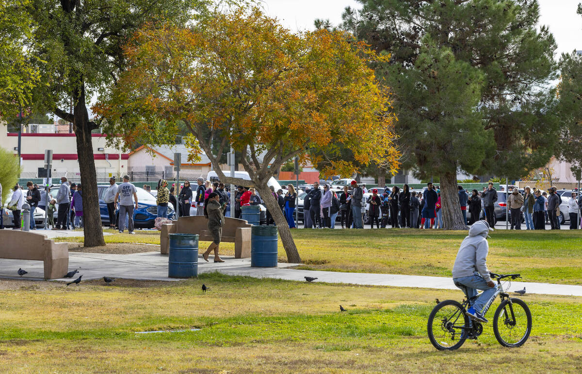 People wait in line up to two hours to cast their ballots on Election Day at the West Flamingo ...