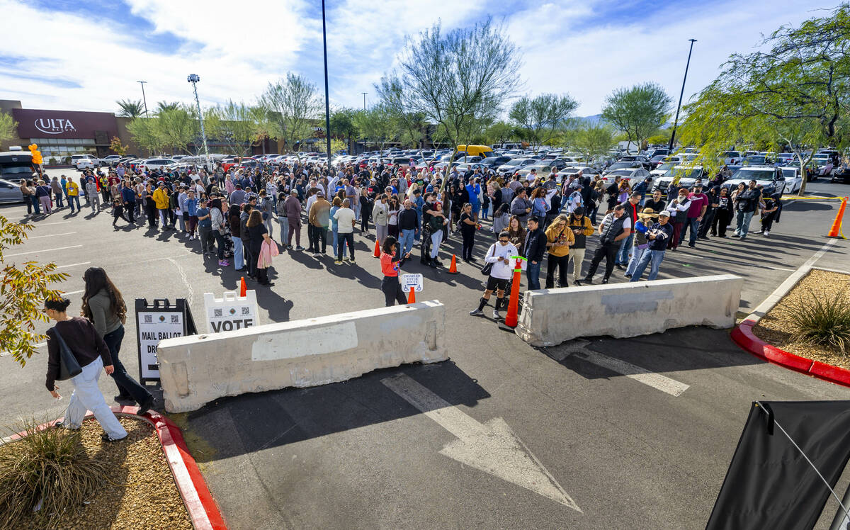 People wait in line more than an hour to cast their ballots on Election Day at the Arroyo Marke ...