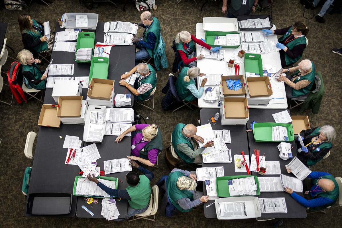 Election workers review ballots at the Denver Elections Division in Denver on Election Day, Tue ...