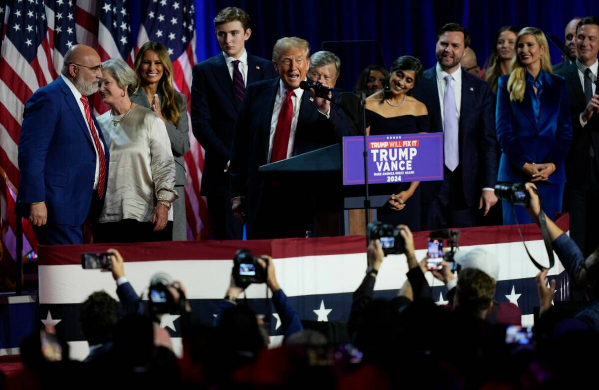 Donald Trump speaks at an election night watch party, Wednesday, Nov. 6, 2024, in West Palm Bea ...