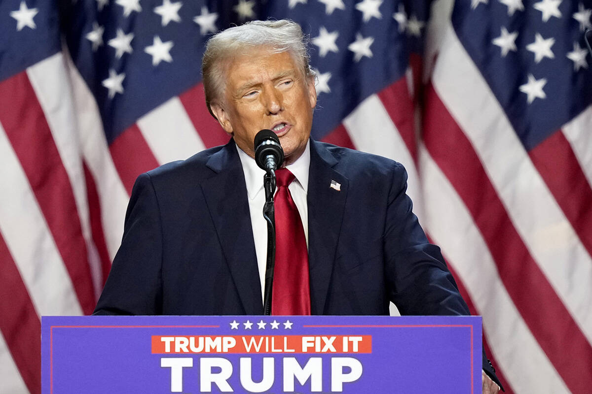 Republican presidential nominee former President Donald Trump speaks at an election night watch ...