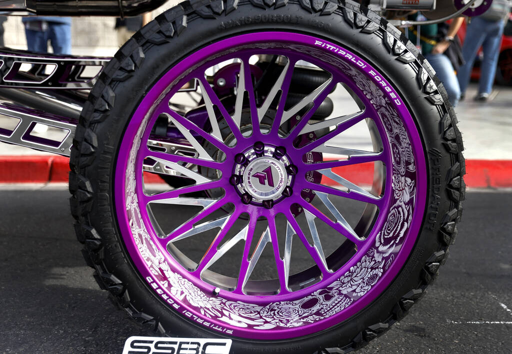 A giant wheel on a 2016 Chevy Silverado is seen during the first day of SEMA at the Las Vegas C ...