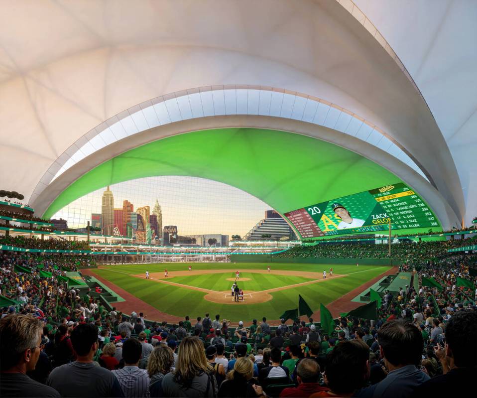 This is an undated artist’s rendering of the proposed baseball stadium for the Athletics to b ...