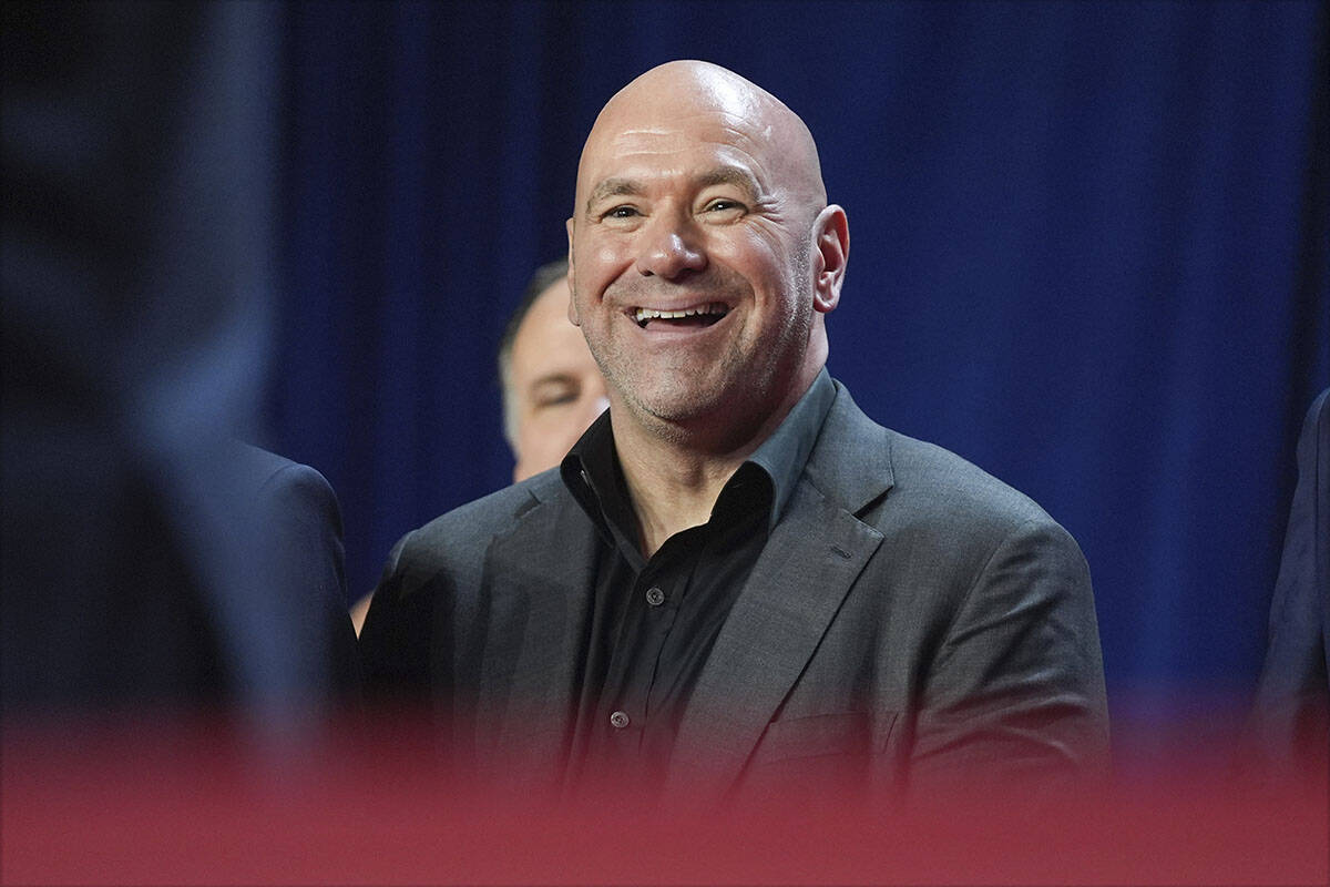 Dana White watches as Republican presidential nominee former President Donald Trump speaks at a ...