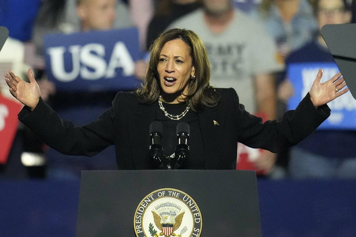 Democratic presidential nominee Vice President Kamala Harris addresses a campaign rally in Pitt ...