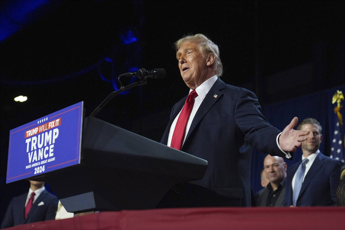 Republican presidential nominee former President Donald Trump speaks at an election night watch ...