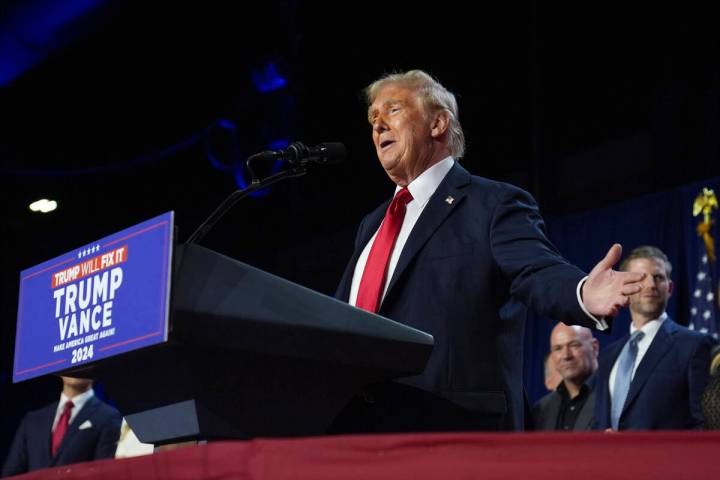 Republican presidential nominee former President Donald Trump speaks at an election night watch ...