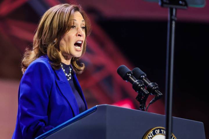 Vice President Kamala Harris speaks during a campaign rally at Craig Ranch Amphitheater on Oct. ...