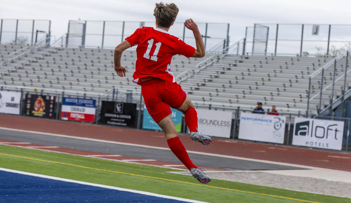 Coronado striker Gavin Flickinger (11) celebrates a goal against Palo Verde during the first ha ...