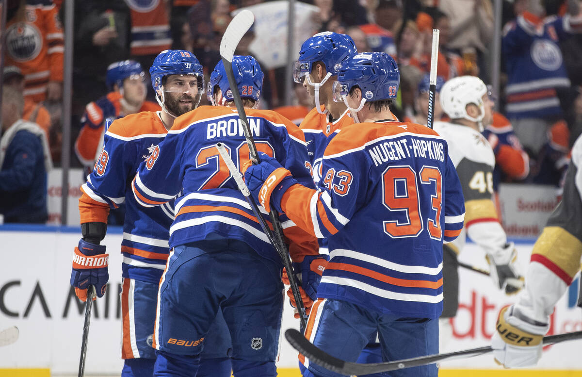 Edmonton Oilers' Adam Henrique, left to right, Connor Brown, Darnell Nurse and Ryan Nugent-Hopk ...