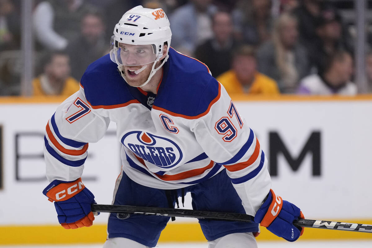 Edmonton Oilers center Connor McDavid (97) plays during the third period of an NHL hockey game ...