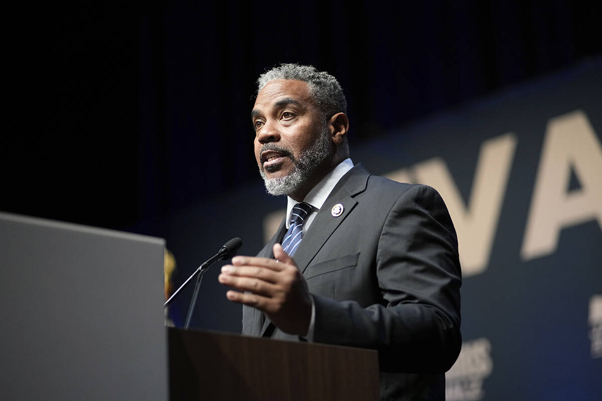 Rep. Steven Horsford, D-Nev., speaks during a watch party on election night Tuesday, Nov. 5, 20 ...