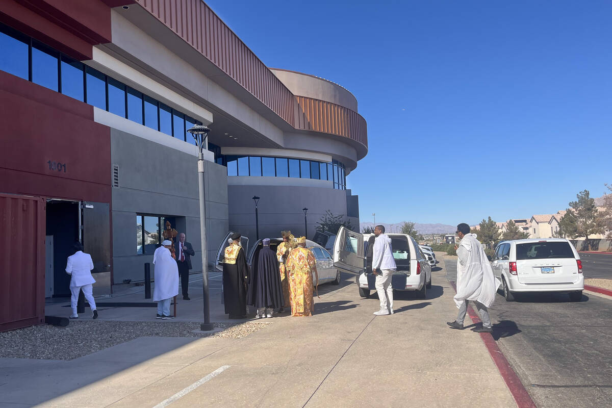 Mourners wait to leave Central Church on Thursday, Nov. 7, 2024, in Henderson after a funeral s ...