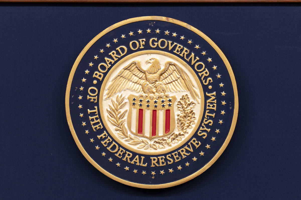 The seal of The Federal Reserve System is seen during a news conference by Federal Reserve Boar ...