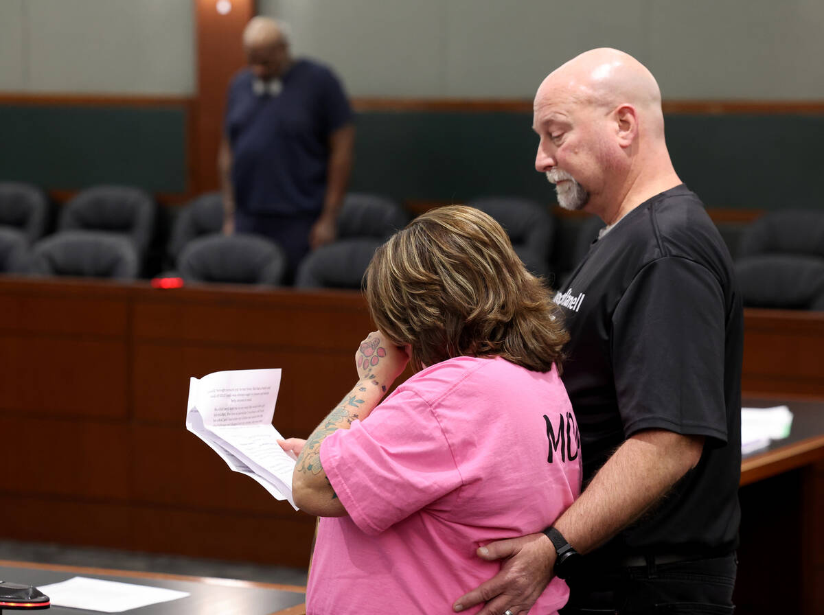 Wendy Calorusso, mother of murder victim Janell Bowen, reads a victim impact statement with her ...