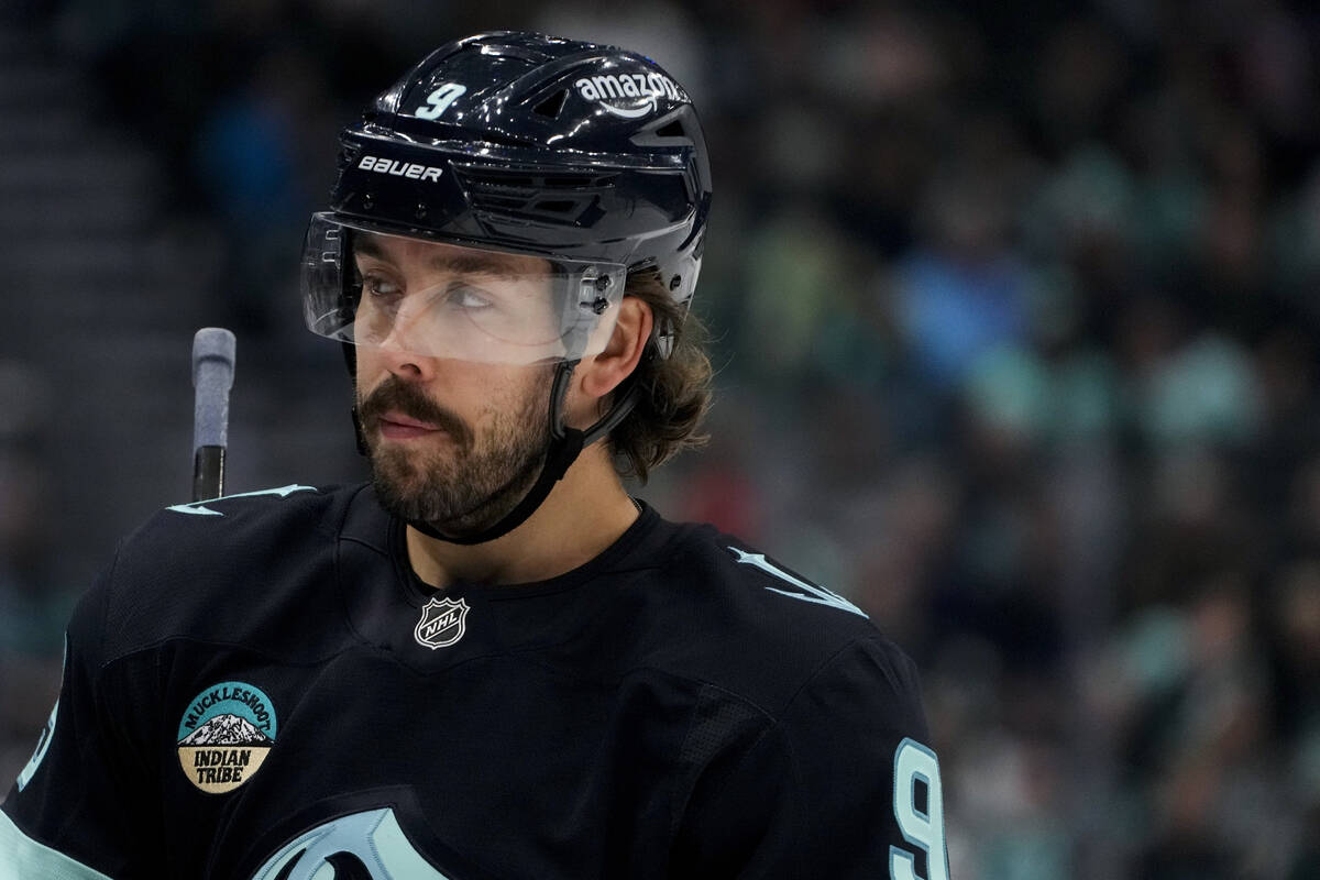 Seattle Kraken center Chandler Stephenson looks on against the Winnipeg Jets during the first p ...