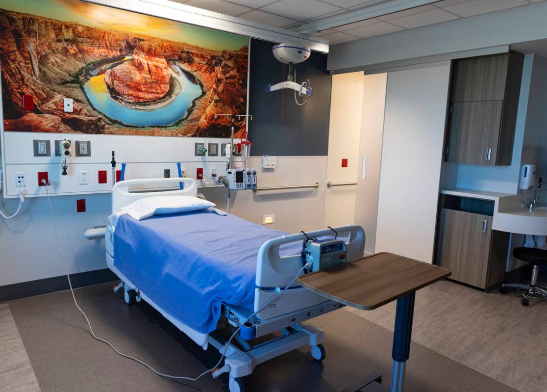 A patient room at the new West Henderson Hospital is seen, on Friday, Nov. 15, 2024, in Henders ...