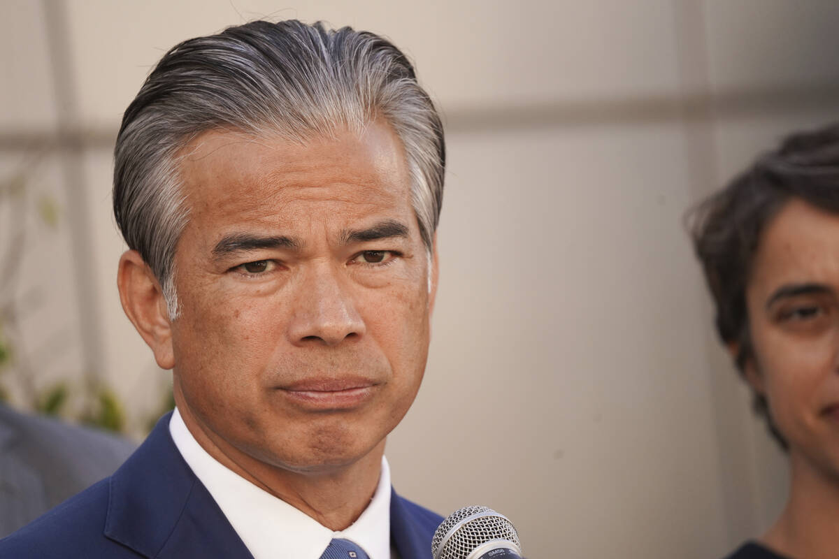 FILE - California Attorney General Rob Bonta speaks during a press conference Tuesday, Oct. 8, ...