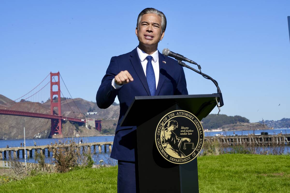 California Attorney General Rob Bonta speaks at a news conference in front of the Golden Gate B ...