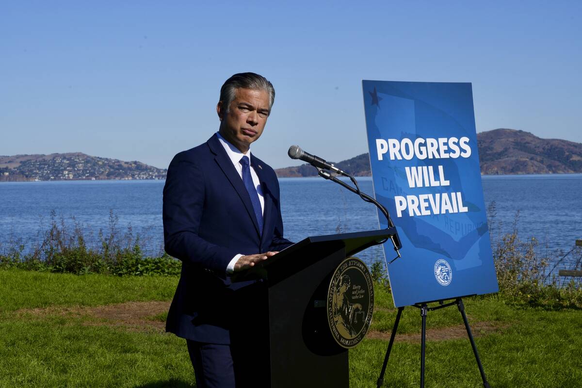 California Attorney General Rob Bonta speaks at a news conference in San Francisco on Thursday, ...