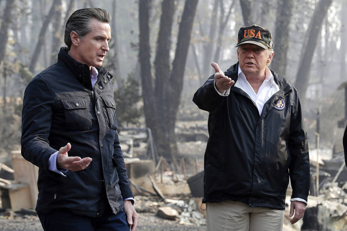 President Donald Trump talks with then California Gov.-elect Gavin Newsom, left, during a visit ...