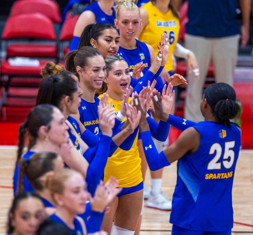 San Jose State middle blocker Jade Epps (25) is introduced as they prepare to face UNLV during ...