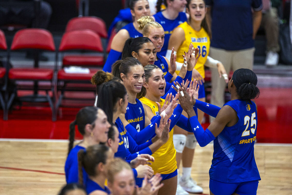 San Jose State middle blocker Jade Epps (25) is introduced as they prepare to face UNLV during ...