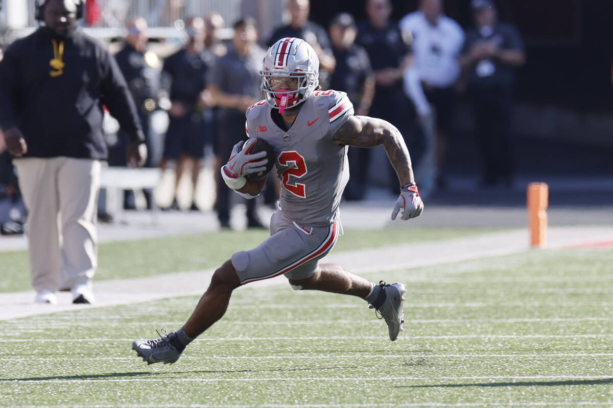 Ohio State receiver Emeka Egbuka plays against Iowa during an NCAA college football game Saturd ...