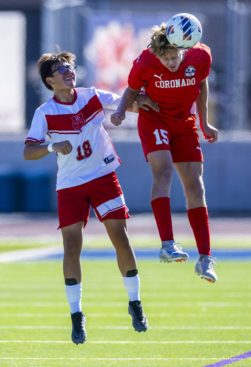 Coronado defender Ben Aronow (15) heads the ball against Wooster midfielder Brandon Medina Guti ...