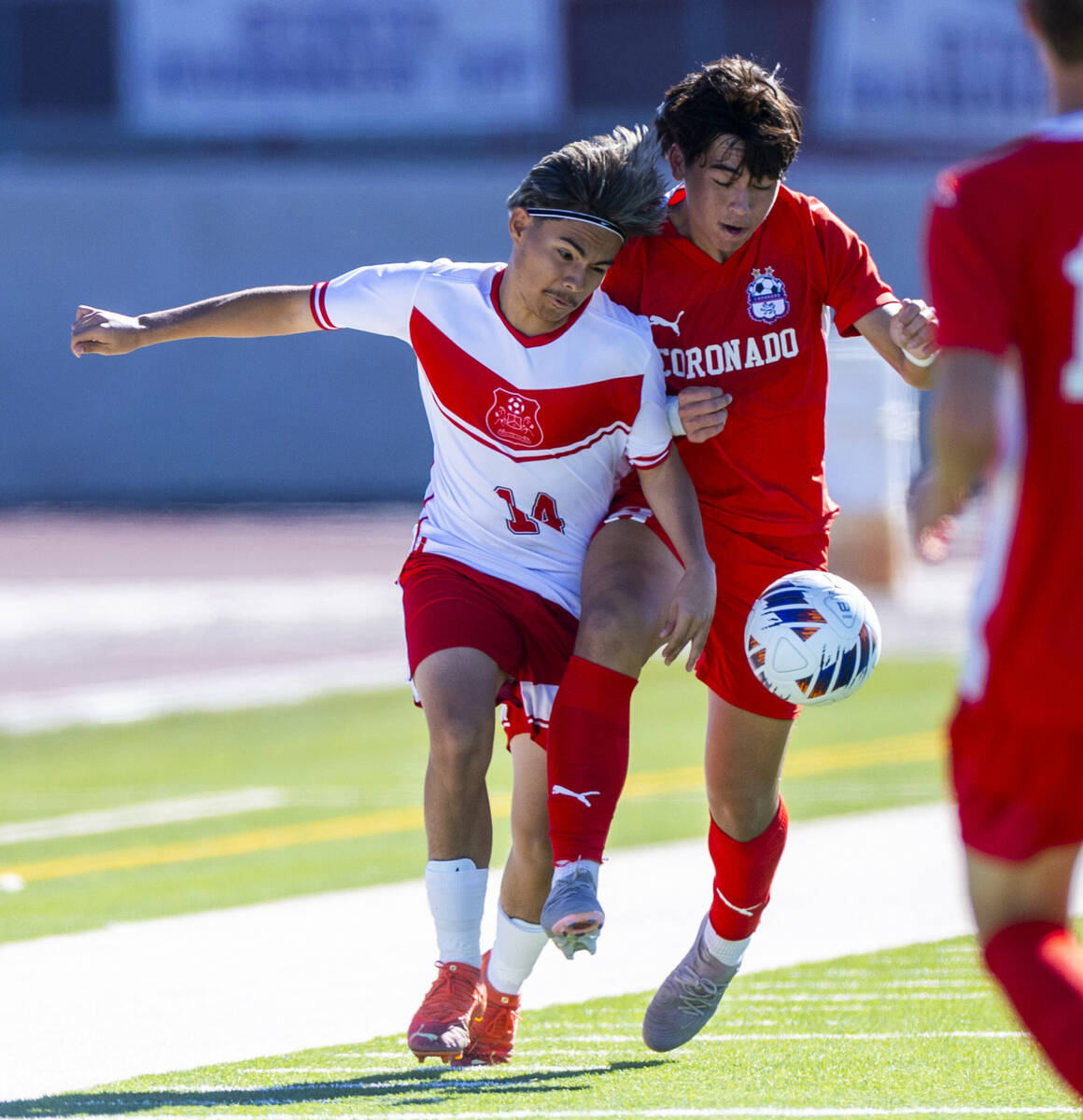 Wooster Matias Gutierrez Duarte (14) and Coronado midfielder Cy Adams (8) battle for the ball d ...