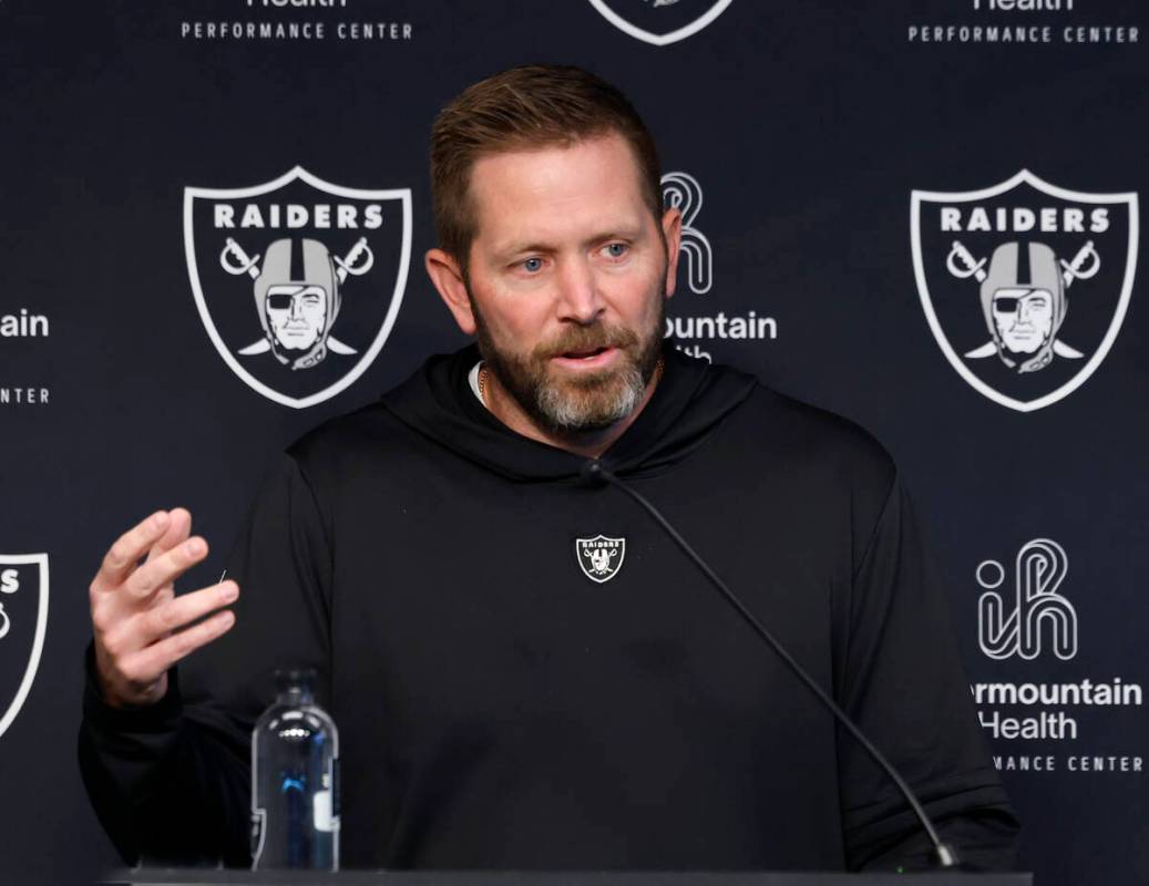 Raiders pass game coordinator Scott Turner addresses the media before an NFL football practice ...