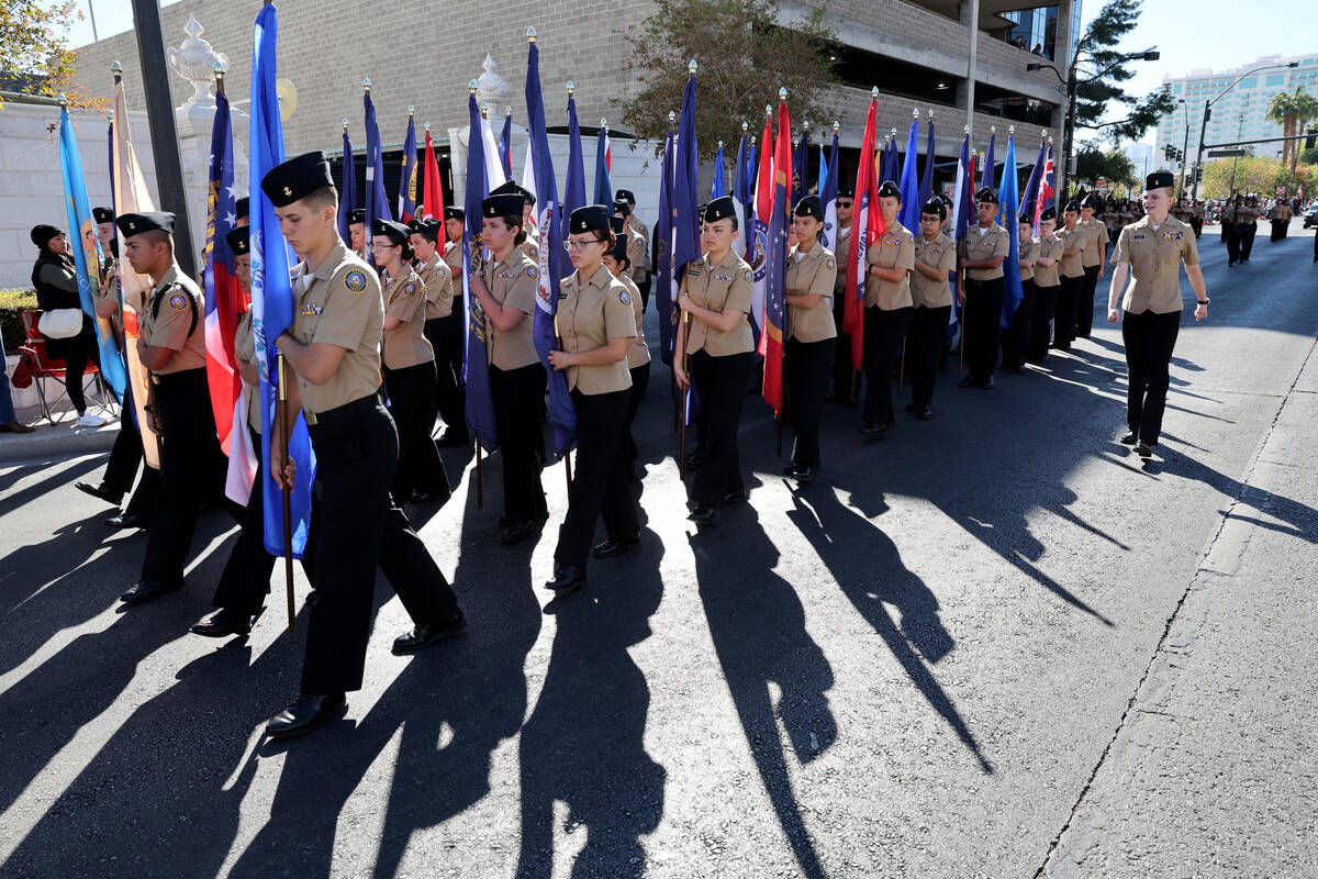 Desert Oasis Highj School JROTC marches during the Las Vegas Veterans Day Parade downtown Monda ...