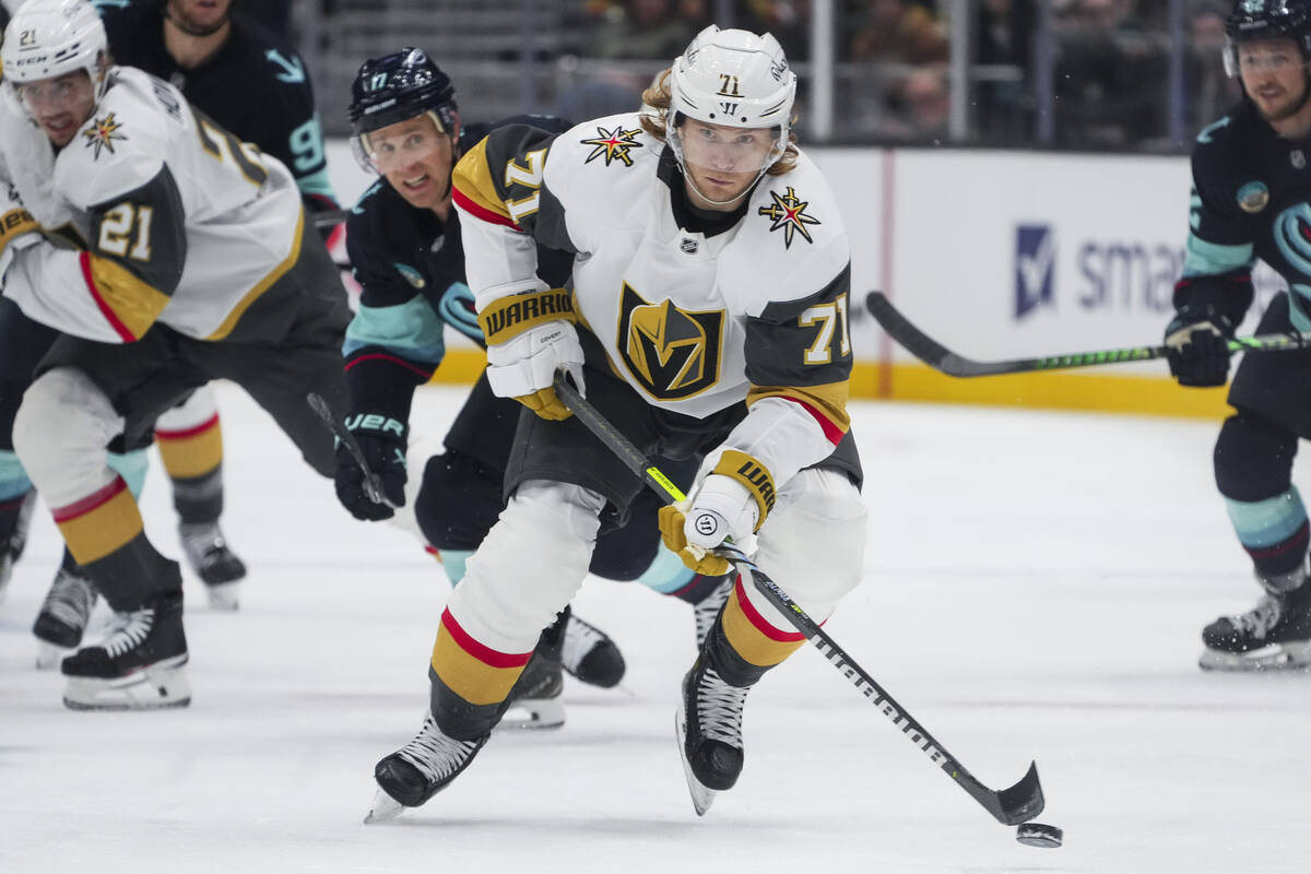 Vegas Golden Knights center William Karlsson moves the puck against the Seattle Kraken during t ...