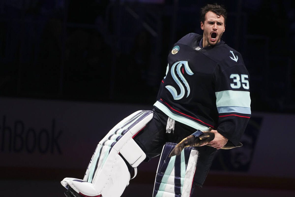 Seattle Kraken goaltender Joey Daccord reacts after win in overtime against the Vegas Golden Kn ...