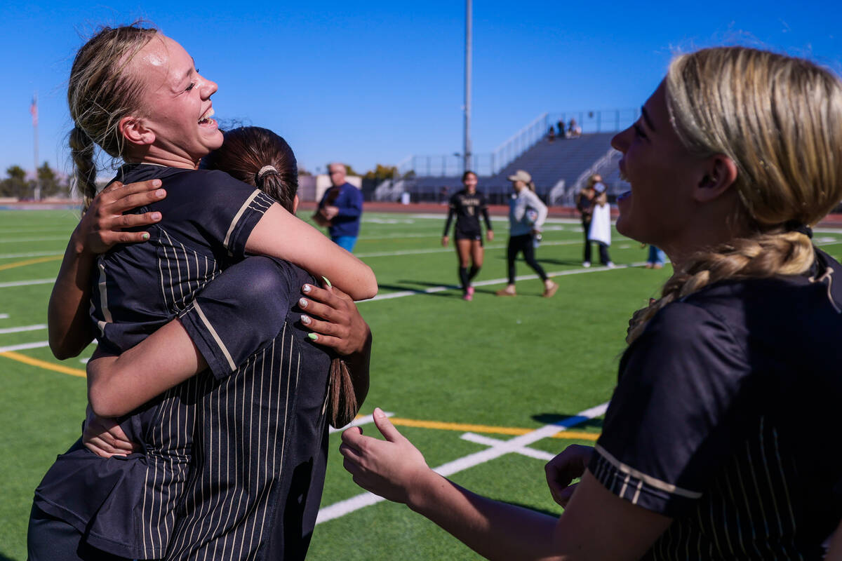 Faith Lutheran striker Julia Anfinson (17) celebrates making the game winning goal during a 5A ...