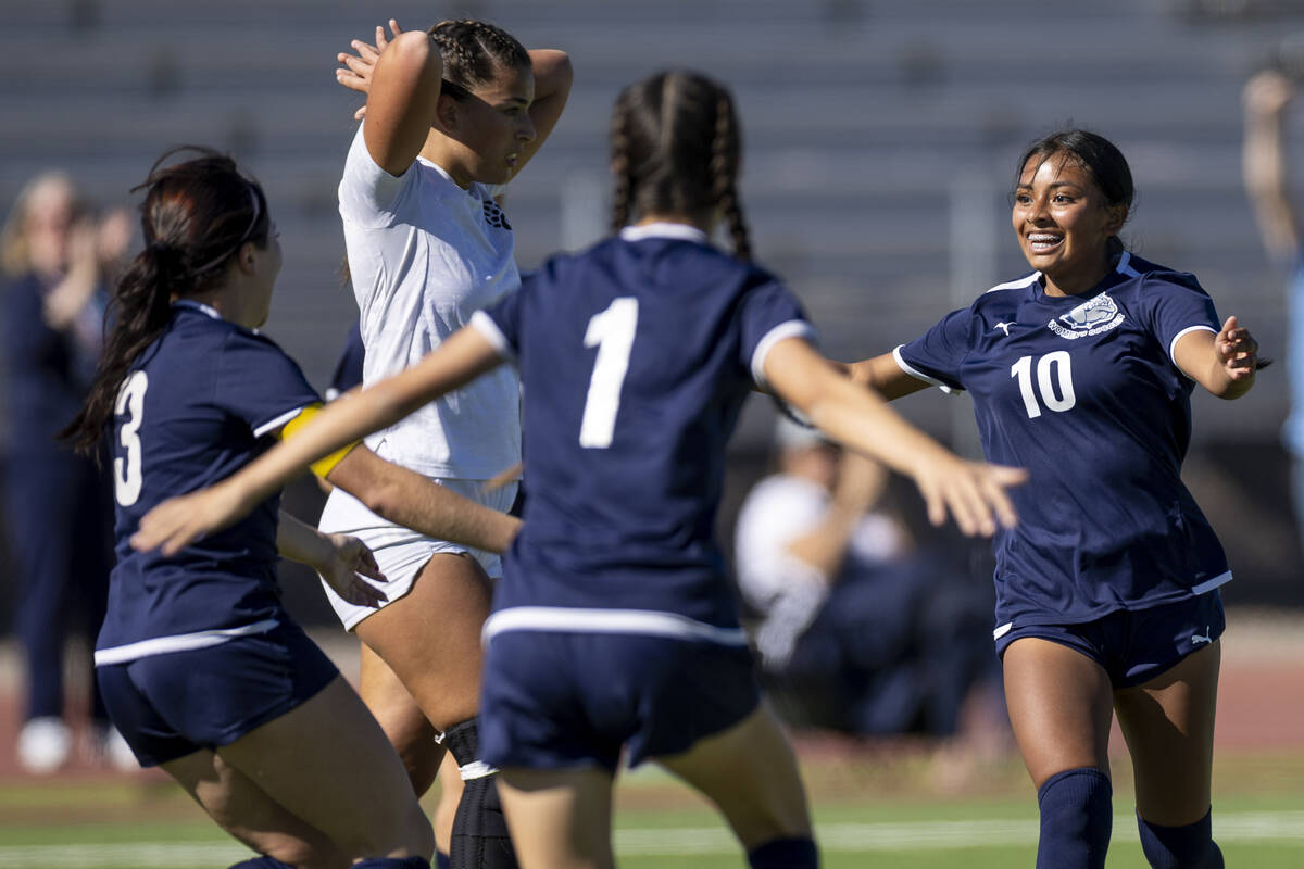 Centennial midfielder Alexandra Miranda (10) celebrates scoring a goal during the 4A girls socc ...