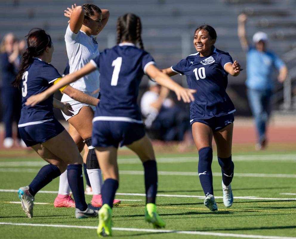 Centennial midfielder Alexandra Miranda (10) celebrates scoring a goal during the 4A girls socc ...