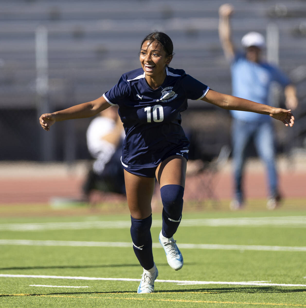 Centennial midfielder Alexandra Miranda (10) celebrates scoring a goal during the 4A girls socc ...