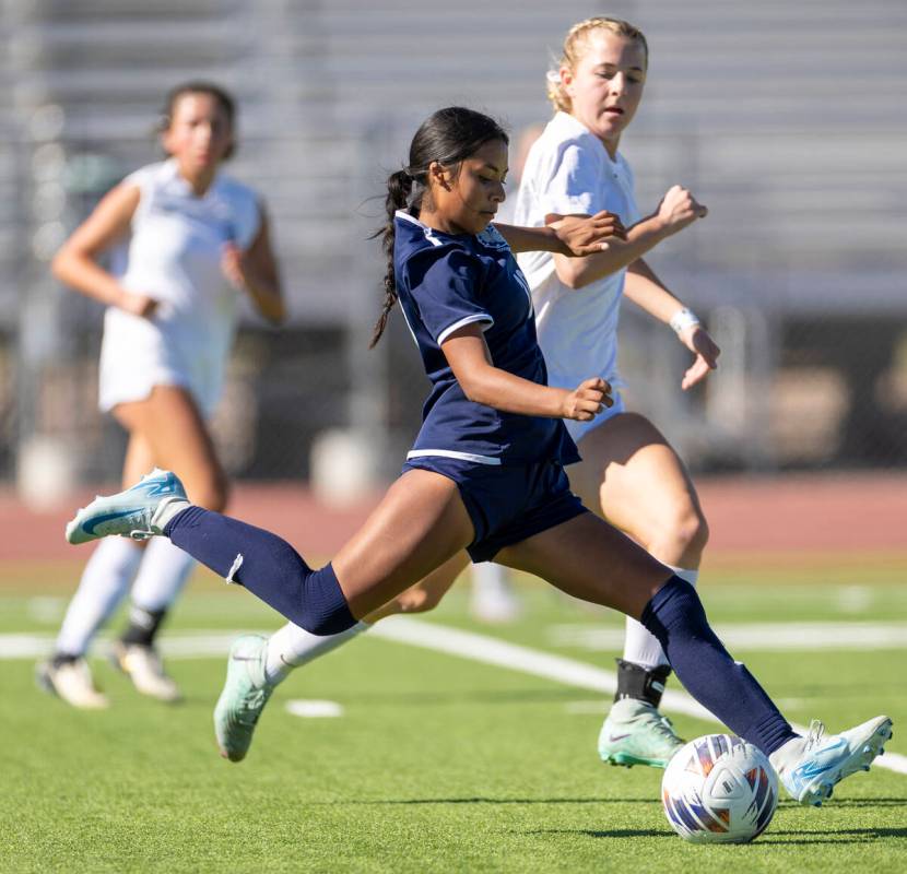 Centennial midfielder Alexandra Miranda (10) looks to kick the ball during the 4A girls soccer ...