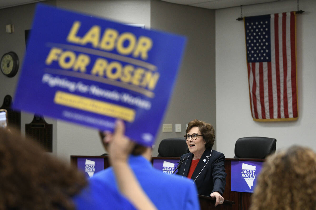 Sen. Jacky Rosen, D-Nev., delivers remarks after winning re-election Saturday November 9, 2024, ...