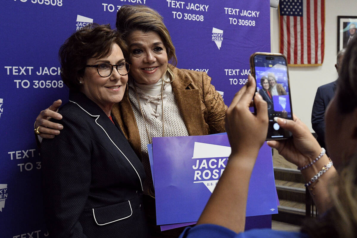 Sen. Jacky Rosen, D-Nev., has a photo taken with campaign volunteer Maritza Rodriguez after win ...