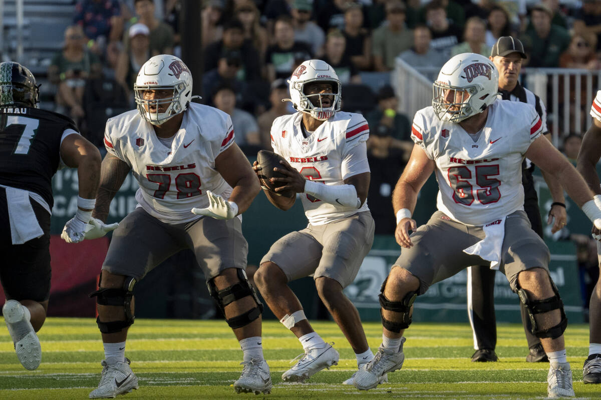 UNLV quarterback Hajj-Malik Williams (6) looks to throw the ball during the first half of an NC ...