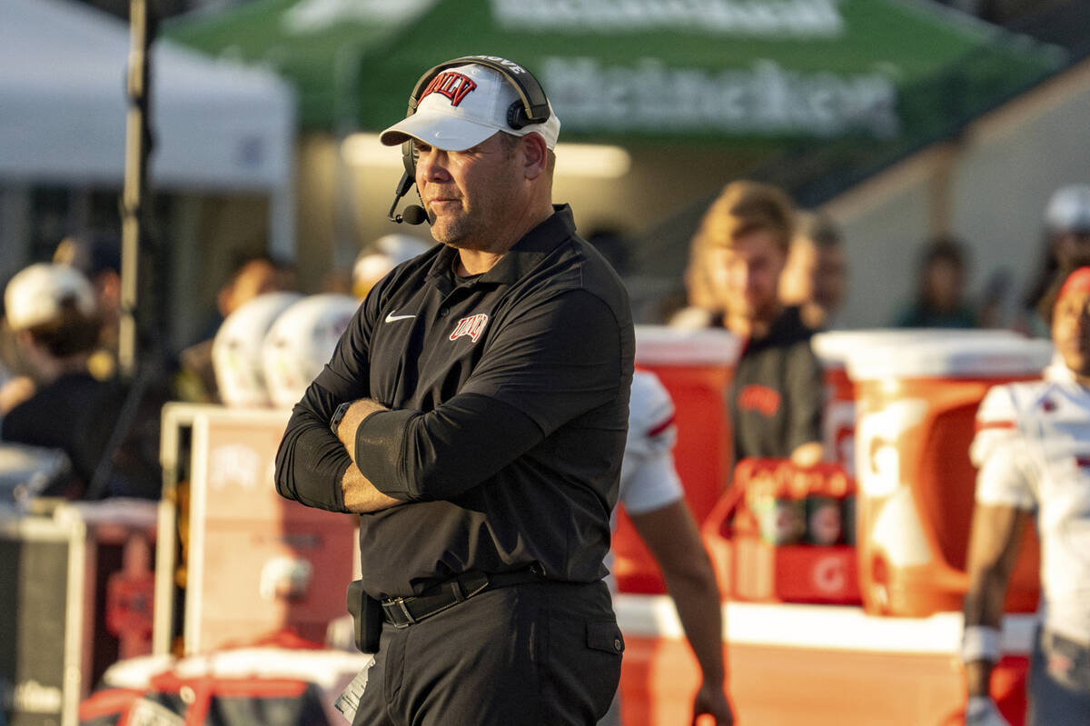 UNLV head coach Barry Odom is pictured at the sideline during the second half of an NCAA colleg ...