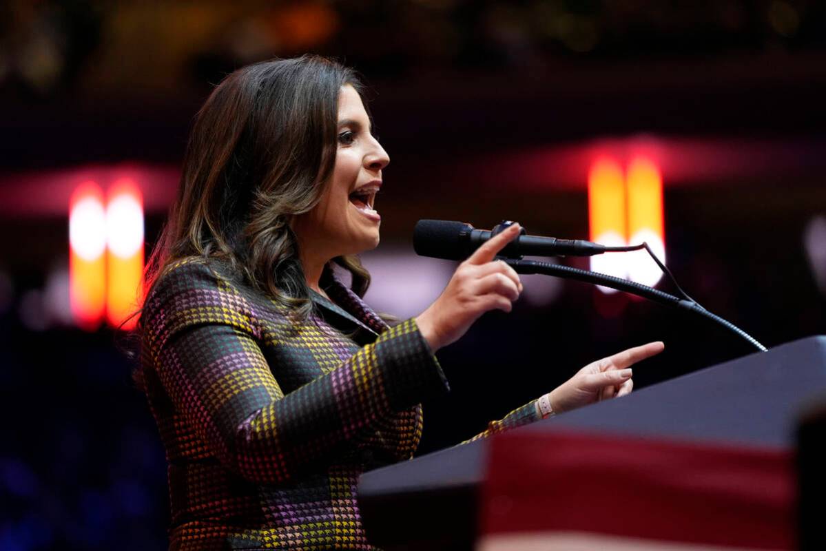 Rep. Elise Stefanik, R-N.Y., speaks before Republican presidential nominee former President Don ...