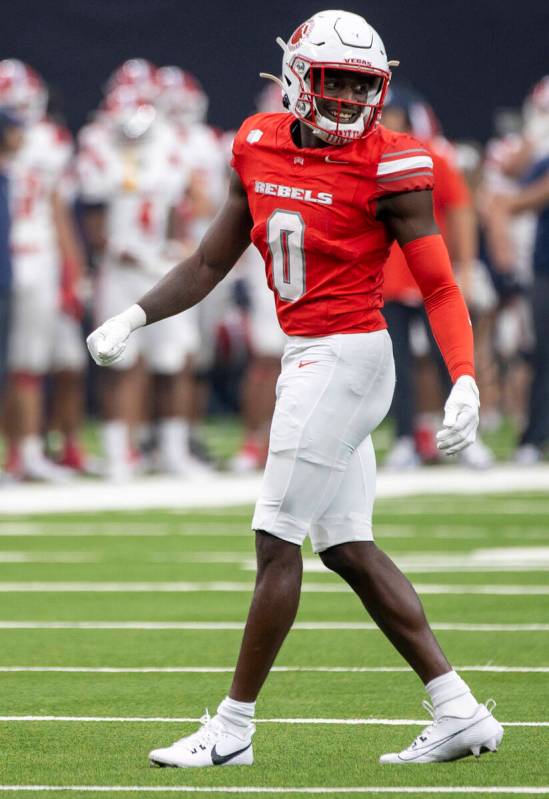 UNLV defensive back Tony Grimes (0) smiles during the college football game against Utah Tech a ...