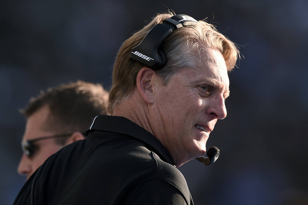 Oakland Raiders head coach Jack Del Rio looks on during the second half of an NFL football game ...