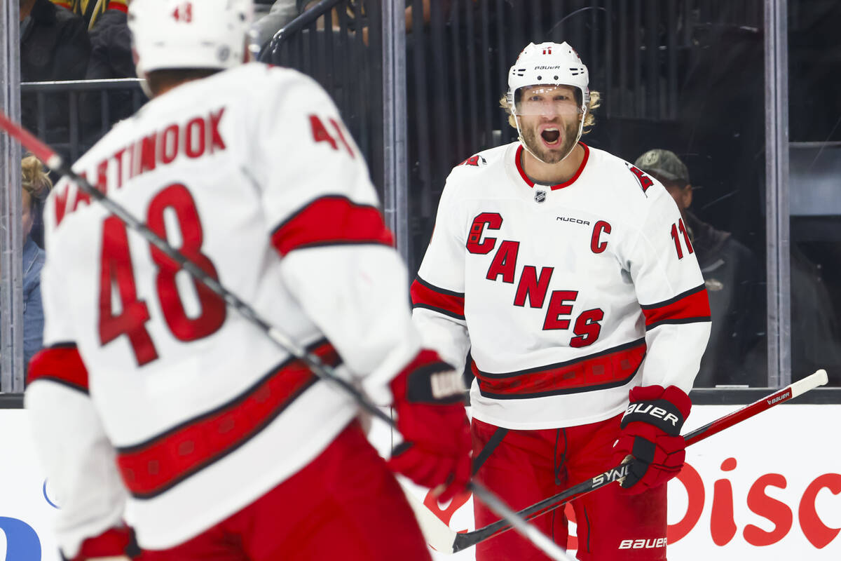 Carolina Hurricanes center Jordan Staal (11) celebrates after scoring against the Golden Knight ...