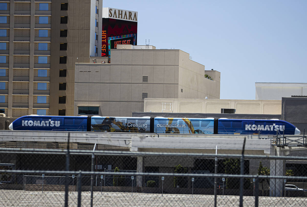 A Las Vegas Monorail is parked at Sahara stop, near Sahara Las Vegas, on Tuesday, May 11, 2021, ...